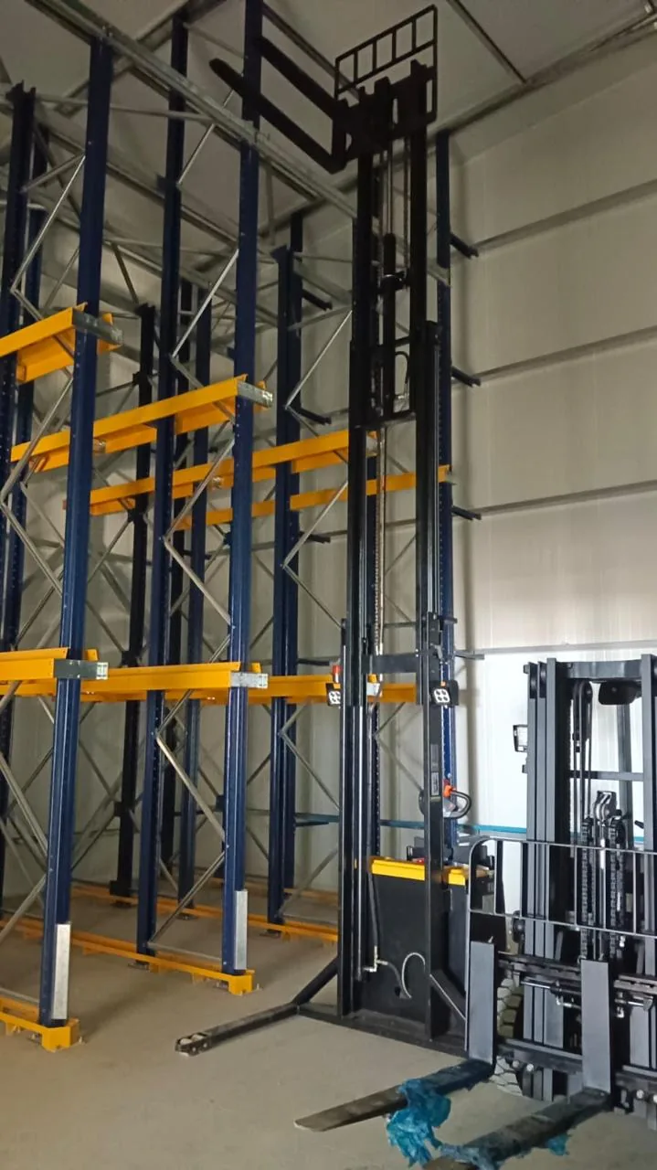 Estanterías selectivas y una grúa de pasillo angosto dentro de la cámara con muros de panel aislado